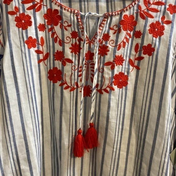 John Mark Tunic Size 0X Bell Ruffle 3/4 Sleeves Embroidered Striped Tas… - Picture 14 of 14